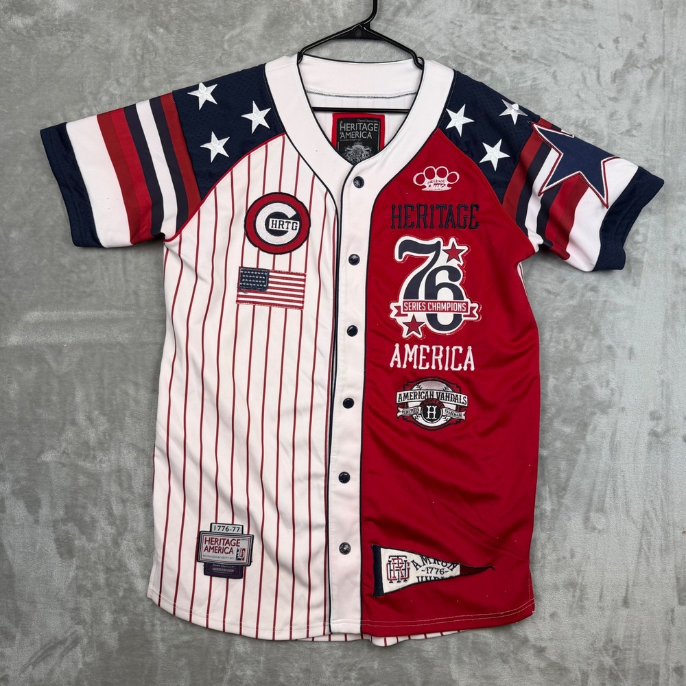 Heritage America Mens 3X Baseball Jersey Red White Blue Pinstripe Patches 76